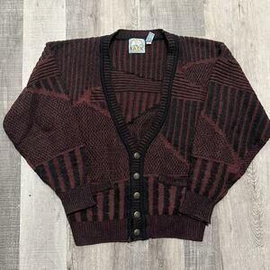 VTG Superior Bask Red/Black Acrylic Knit Preppy Striped Cardigan Sweater Mens L